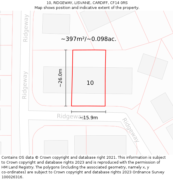 10, RIDGEWAY, LISVANE, CARDIFF, CF14 0RS: Plot and title map