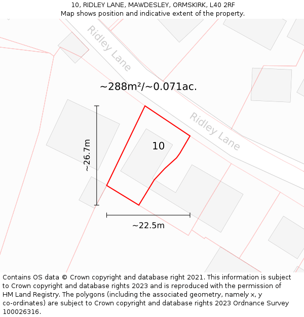 10, RIDLEY LANE, MAWDESLEY, ORMSKIRK, L40 2RF: Plot and title map