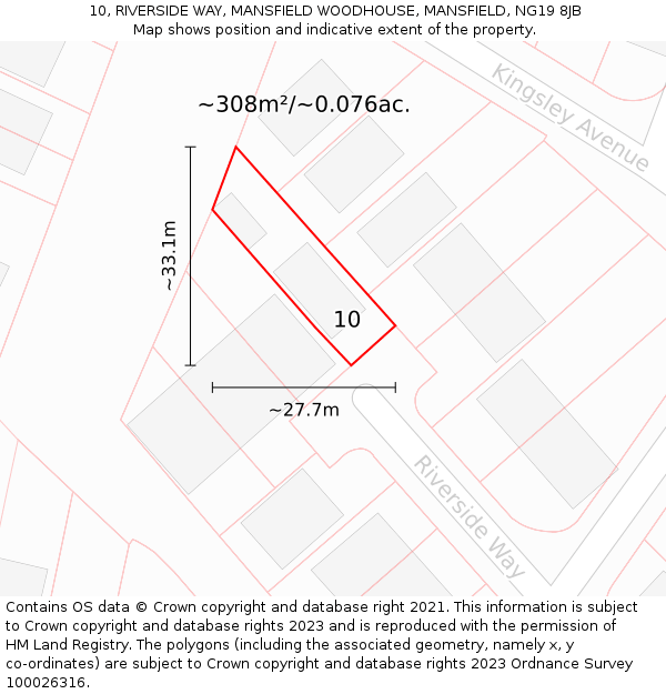 10, RIVERSIDE WAY, MANSFIELD WOODHOUSE, MANSFIELD, NG19 8JB: Plot and title map