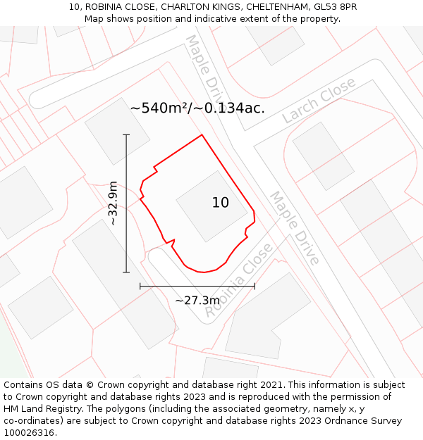 10, ROBINIA CLOSE, CHARLTON KINGS, CHELTENHAM, GL53 8PR: Plot and title map