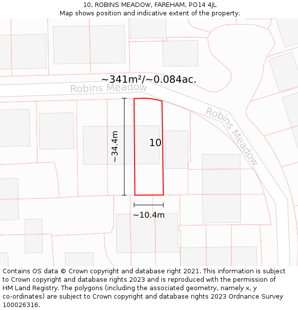 10, ROBINS MEADOW, FAREHAM, PO14 4JL: Plot and title map