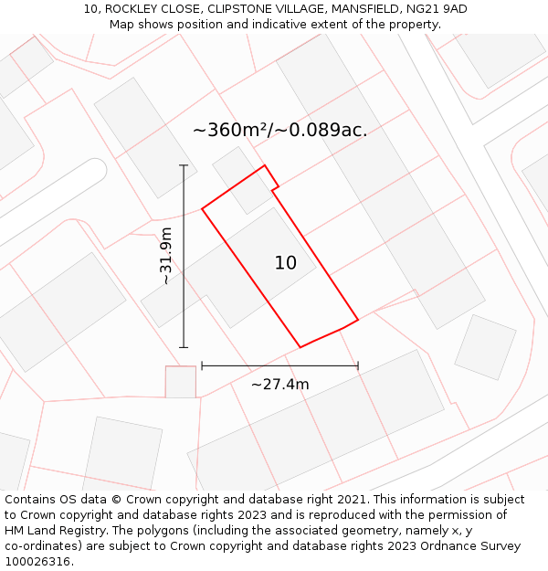 10, ROCKLEY CLOSE, CLIPSTONE VILLAGE, MANSFIELD, NG21 9AD: Plot and title map