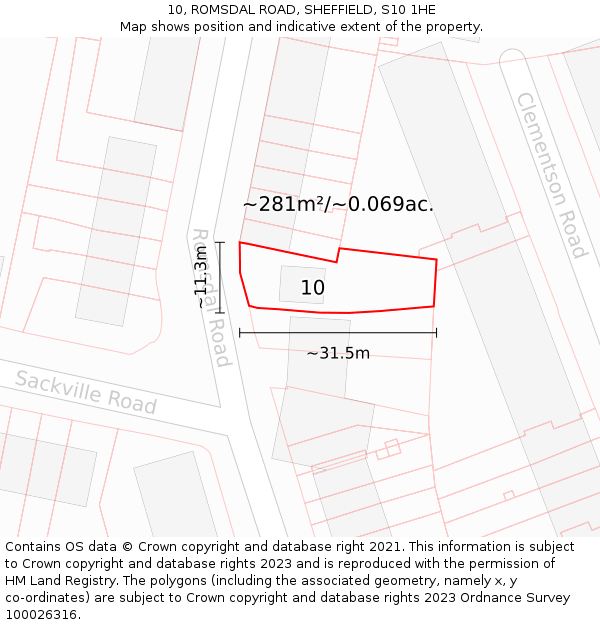 10, ROMSDAL ROAD, SHEFFIELD, S10 1HE: Plot and title map