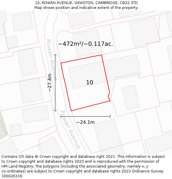 10, ROWAN AVENUE, SAWSTON, CAMBRIDGE, CB22 3TD: Plot and title map