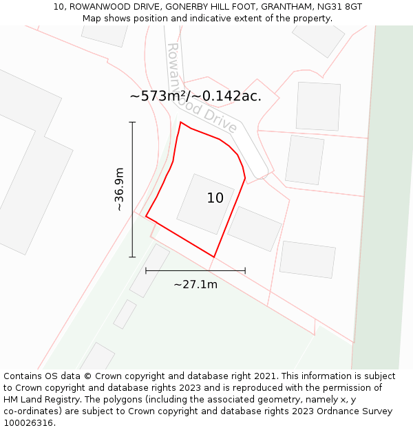 10, ROWANWOOD DRIVE, GONERBY HILL FOOT, GRANTHAM, NG31 8GT: Plot and title map
