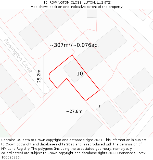 10, ROWINGTON CLOSE, LUTON, LU2 9TZ: Plot and title map