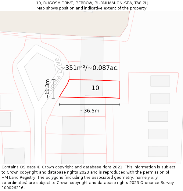 10, RUGOSA DRIVE, BERROW, BURNHAM-ON-SEA, TA8 2LJ: Plot and title map