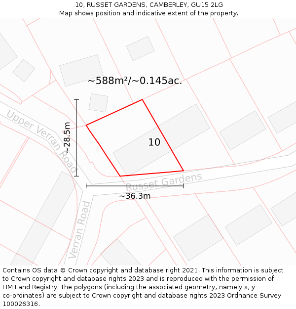 10, RUSSET GARDENS, CAMBERLEY, GU15 2LG: Plot and title map