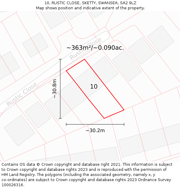 10, RUSTIC CLOSE, SKETTY, SWANSEA, SA2 9LZ: Plot and title map