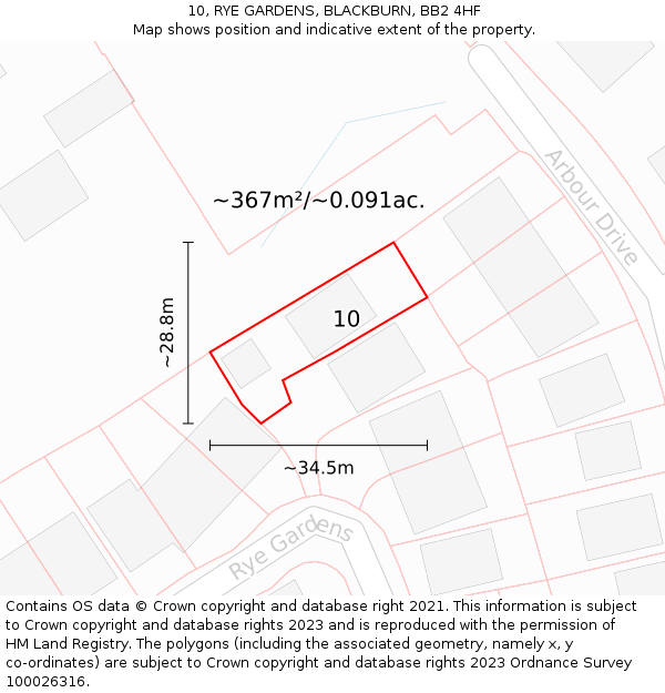 10, RYE GARDENS, BLACKBURN, BB2 4HF: Plot and title map