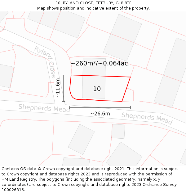 10, RYLAND CLOSE, TETBURY, GL8 8TF: Plot and title map