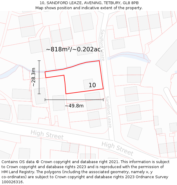 10, SANDFORD LEAZE, AVENING, TETBURY, GL8 8PB: Plot and title map