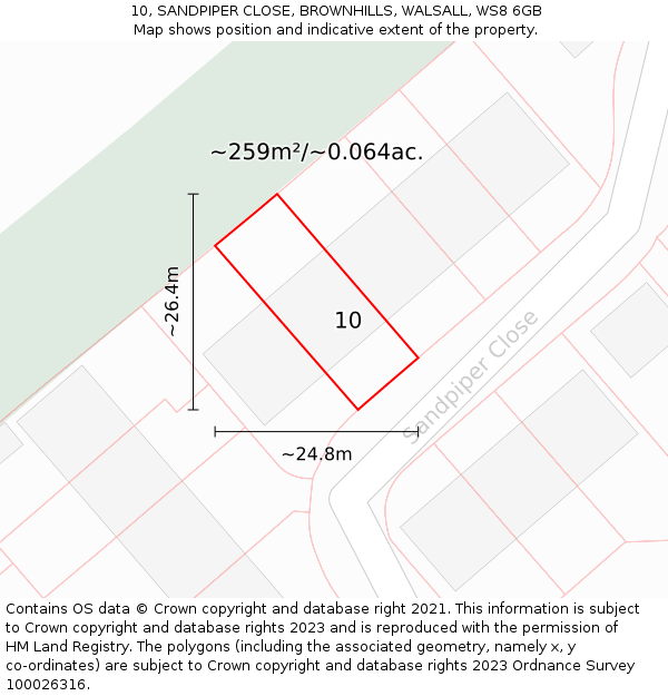 10, SANDPIPER CLOSE, BROWNHILLS, WALSALL, WS8 6GB: Plot and title map