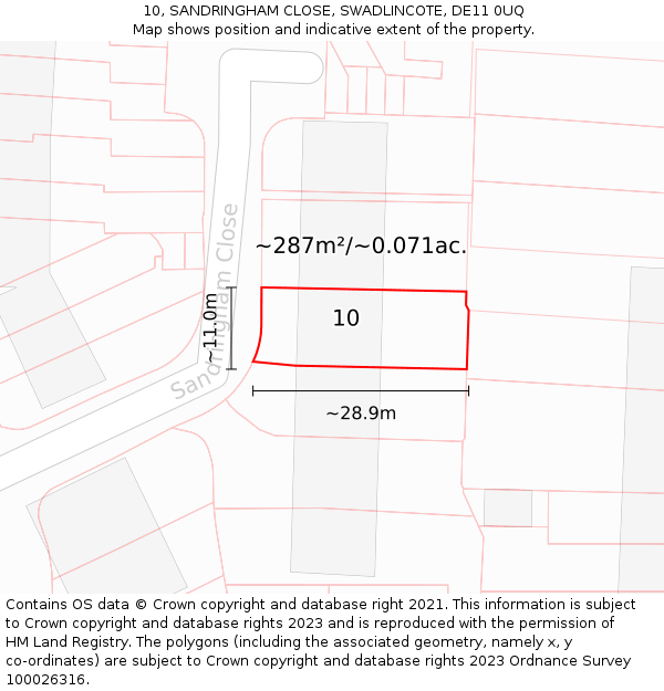 10, SANDRINGHAM CLOSE, SWADLINCOTE, DE11 0UQ: Plot and title map