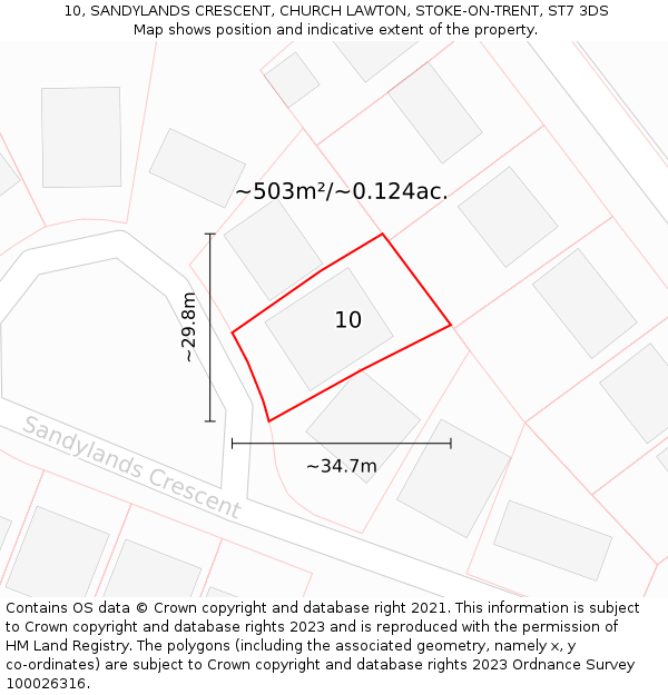 10, SANDYLANDS CRESCENT, CHURCH LAWTON, STOKE-ON-TRENT, ST7 3DS: Plot and title map