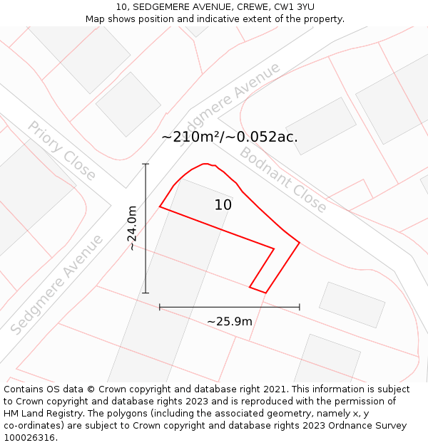 10, SEDGEMERE AVENUE, CREWE, CW1 3YU: Plot and title map