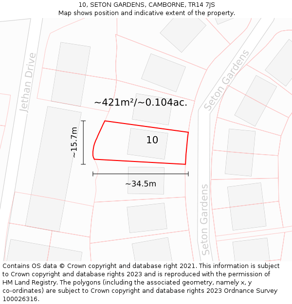 10, SETON GARDENS, CAMBORNE, TR14 7JS: Plot and title map