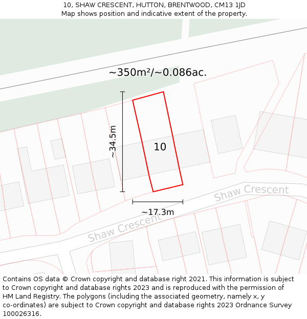 10, SHAW CRESCENT, HUTTON, BRENTWOOD, CM13 1JD: Plot and title map