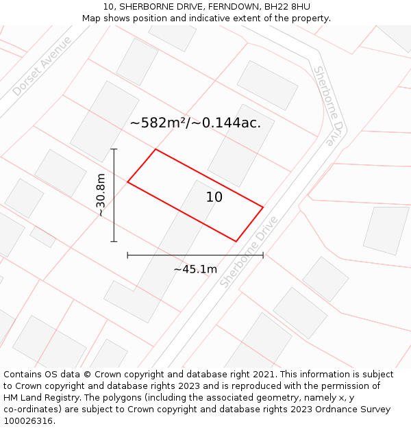 10, SHERBORNE DRIVE, FERNDOWN, BH22 8HU: Plot and title map