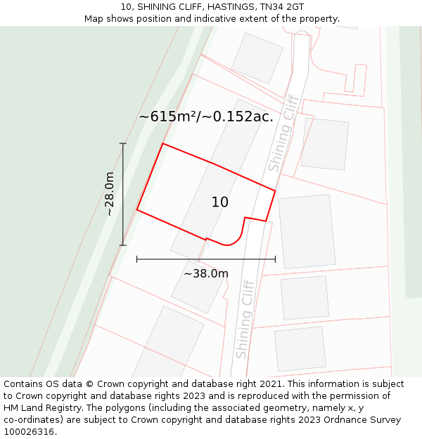 10, SHINING CLIFF, HASTINGS, TN34 2GT: Plot and title map