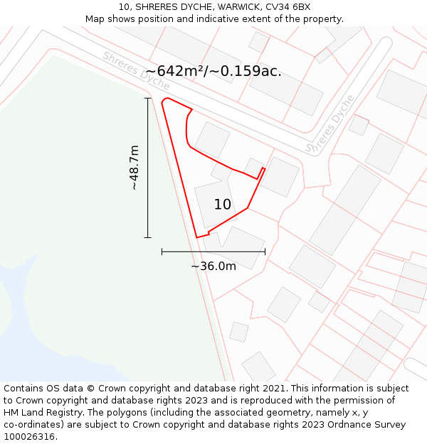 10, SHRERES DYCHE, WARWICK, CV34 6BX: Plot and title map