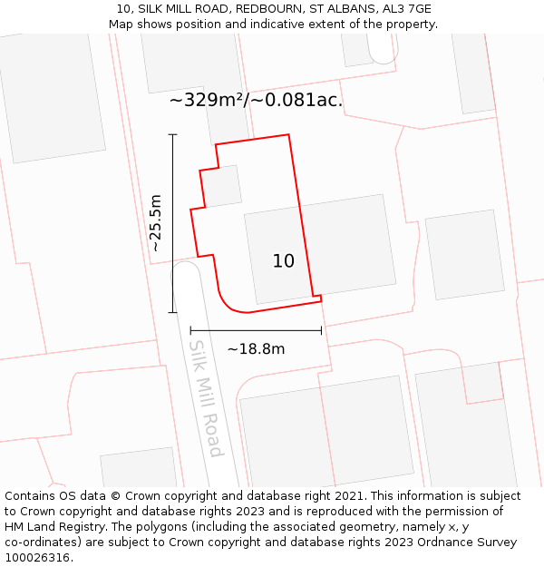 10, SILK MILL ROAD, REDBOURN, ST ALBANS, AL3 7GE: Plot and title map
