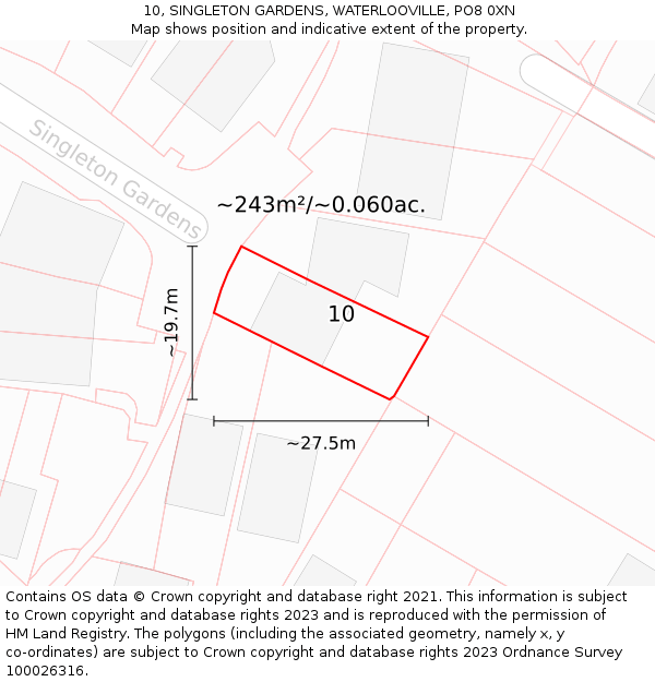 10, SINGLETON GARDENS, WATERLOOVILLE, PO8 0XN: Plot and title map