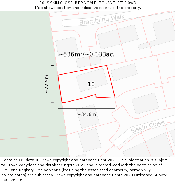 10, SISKIN CLOSE, RIPPINGALE, BOURNE, PE10 0WD: Plot and title map