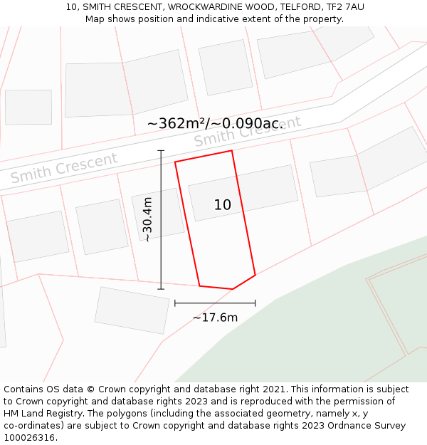 10, SMITH CRESCENT, WROCKWARDINE WOOD, TELFORD, TF2 7AU: Plot and title map