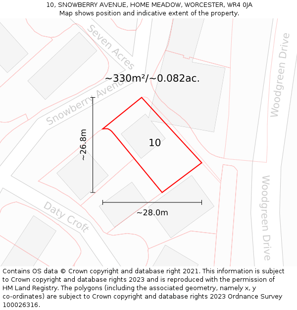 10, SNOWBERRY AVENUE, HOME MEADOW, WORCESTER, WR4 0JA: Plot and title map