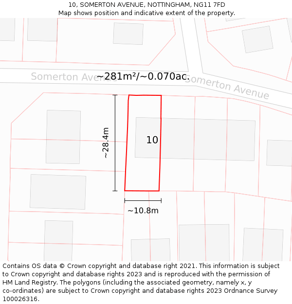 10, SOMERTON AVENUE, NOTTINGHAM, NG11 7FD: Plot and title map