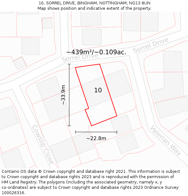 10, SORREL DRIVE, BINGHAM, NOTTINGHAM, NG13 8UN: Plot and title map