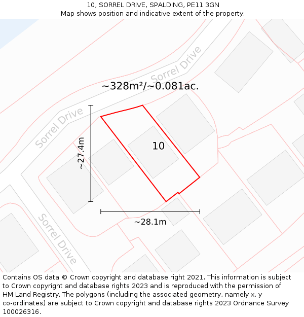 10, SORREL DRIVE, SPALDING, PE11 3GN: Plot and title map