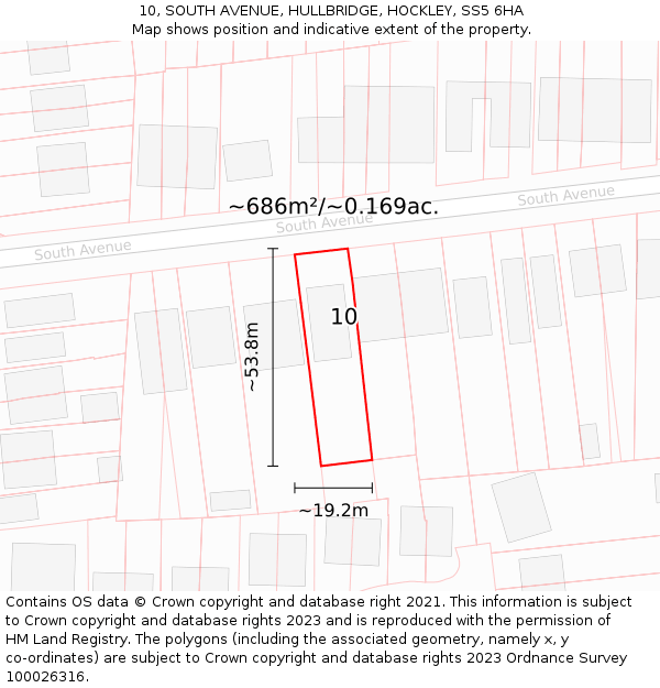 10, SOUTH AVENUE, HULLBRIDGE, HOCKLEY, SS5 6HA: Plot and title map