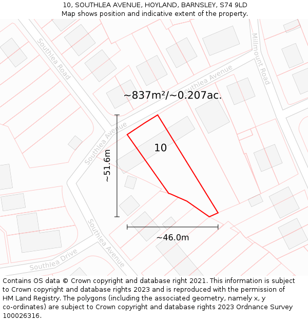 10, SOUTHLEA AVENUE, HOYLAND, BARNSLEY, S74 9LD: Plot and title map