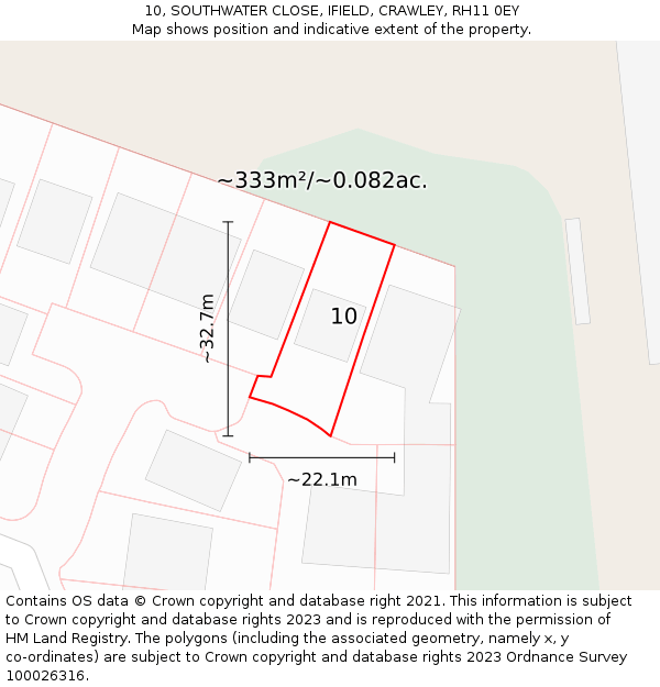 10, SOUTHWATER CLOSE, IFIELD, CRAWLEY, RH11 0EY: Plot and title map