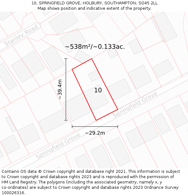 10, SPRINGFIELD GROVE, HOLBURY, SOUTHAMPTON, SO45 2LL: Plot and title map