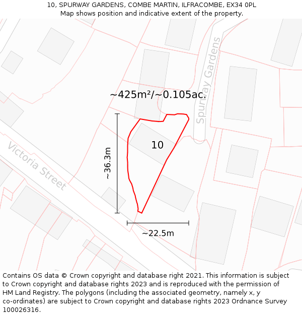10, SPURWAY GARDENS, COMBE MARTIN, ILFRACOMBE, EX34 0PL: Plot and title map