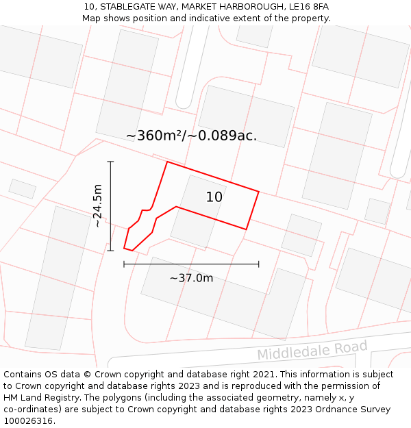 10, STABLEGATE WAY, MARKET HARBOROUGH, LE16 8FA: Plot and title map