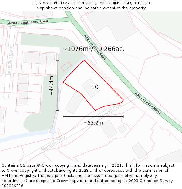 10, STANDEN CLOSE, FELBRIDGE, EAST GRINSTEAD, RH19 2RL: Plot and title map