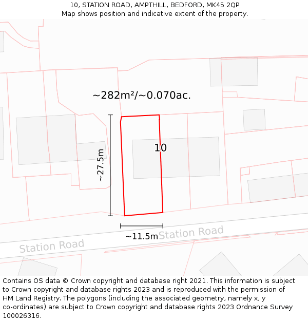 10, STATION ROAD, AMPTHILL, BEDFORD, MK45 2QP: Plot and title map