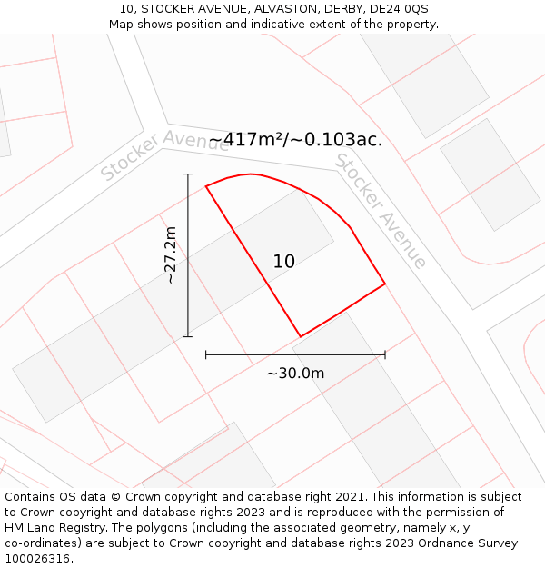 10, STOCKER AVENUE, ALVASTON, DERBY, DE24 0QS: Plot and title map