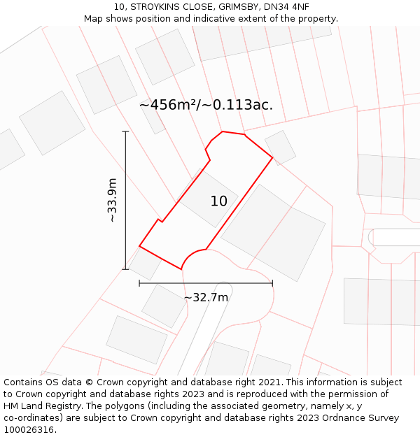 10, STROYKINS CLOSE, GRIMSBY, DN34 4NF: Plot and title map