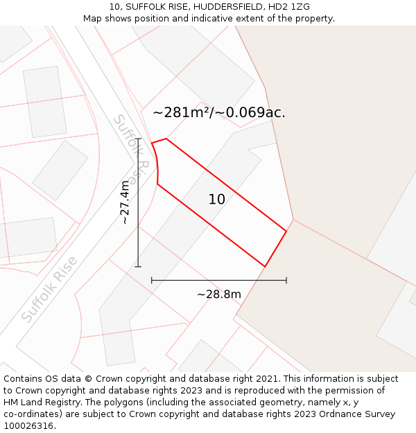 10, SUFFOLK RISE, HUDDERSFIELD, HD2 1ZG: Plot and title map