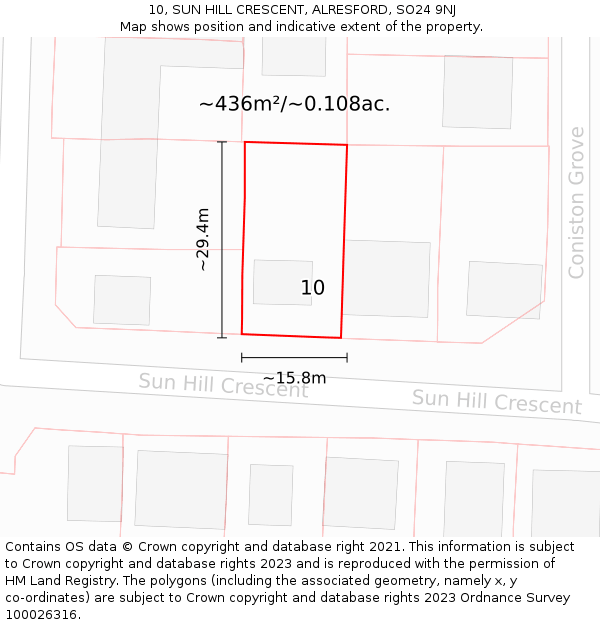 10, SUN HILL CRESCENT, ALRESFORD, SO24 9NJ: Plot and title map
