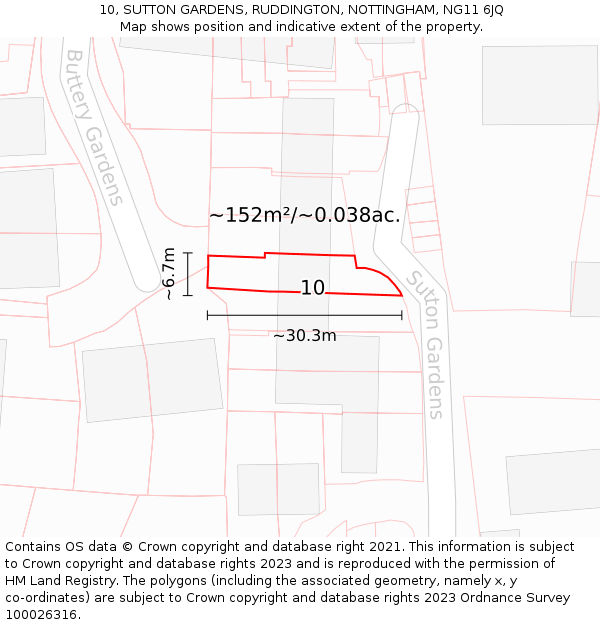 10, SUTTON GARDENS, RUDDINGTON, NOTTINGHAM, NG11 6JQ: Plot and title map