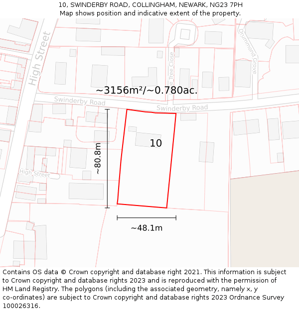 10, SWINDERBY ROAD, COLLINGHAM, NEWARK, NG23 7PH: Plot and title map