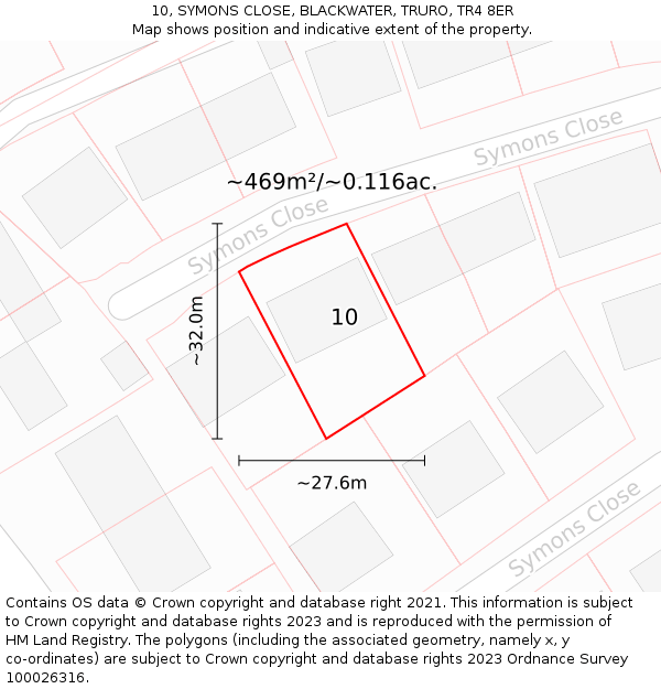 10, SYMONS CLOSE, BLACKWATER, TRURO, TR4 8ER: Plot and title map
