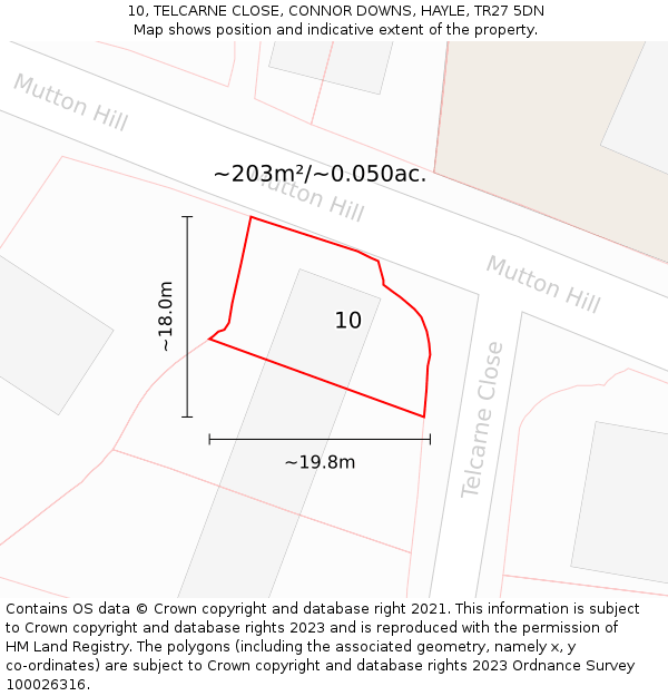 10, TELCARNE CLOSE, CONNOR DOWNS, HAYLE, TR27 5DN: Plot and title map