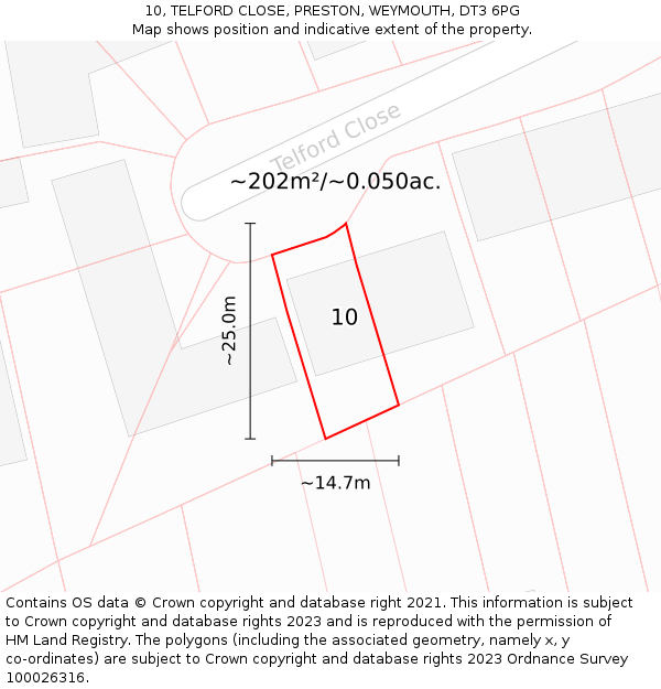 10, TELFORD CLOSE, PRESTON, WEYMOUTH, DT3 6PG: Plot and title map